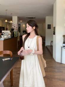 DAZY Women's Round Neck Casual Solid Color Sleeveless Puff Floral Tie Waist Loose Fitting Long Dress Sundress