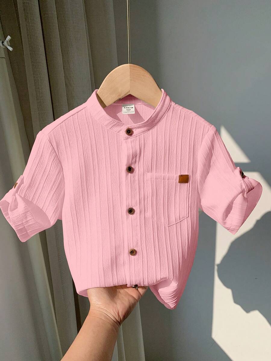 SHEIN LMoss Kids LMoss 1pc Young Boys Casual College Style Comfortable Linen Stand Collar Pocket Decor All-Match Versatile Shirt - Dusty Pink - View 1