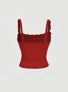 SHEIN MOD 大码女式蕾丝拼接宽肩带字母印花极简主义上衣，红色可爱蕾丝拼接字母上衣，紧身款，新年上衣，外出上衣