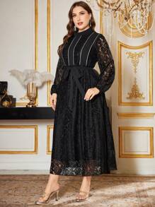 Modelyn Plus Size Elegant Floral Lace Patchwork Silver Ribbon Dress - Black - View 5