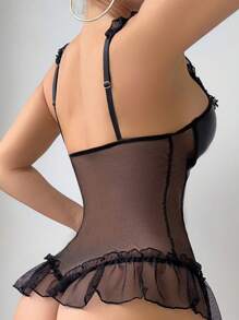 PU Mesh Patchwork Lace-Up Backless Ruffle Romper, Sexy - Black - View 2