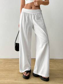 SHEIN EZwear 女士纯色腰部褶皱直筒休闲裤 - 白色 - 查看 1