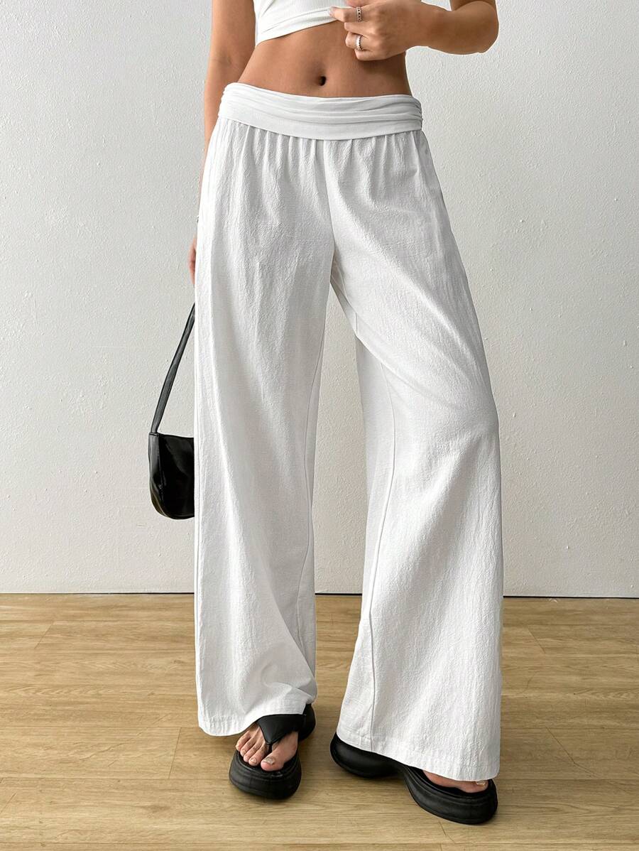 SHEIN EZwear 女士纯色腰部褶皱直筒休闲裤 - 白色 - 查看 1
