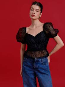 GENKIRA 女士优雅圆点欧根纱泡泡袖镂空腰部衬衫 - 黑色 - 查看 4