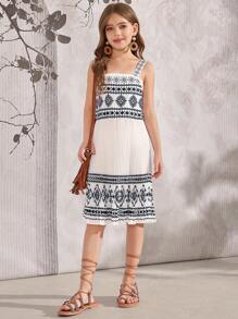 SHEIN Tween-Mädchen 2-teiliges Set mit kurzärmligem Crop-Top Unifarben und ärmellosem Kleid mit geometrischem Print - Weiss - Übersicht 7