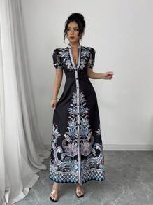 Elenzga Women's 2025 New Elegant & Sexy Deep V-Neck Fitted Long Dress - Black - View 8