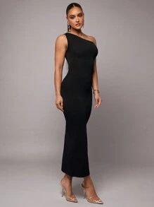 Silquee Women Solid Color Asymmetrical Neck Fitted Elegant Knit Dress