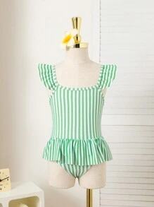 SHEIN Young Girl Striped Cap Sleeve Swimsuit (Random Print) - Multicolor - View 3