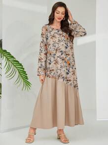 Lacomfia Women Contrast Panel Round Neck Loose Woven Printed Long Sleeve Dress - Multicolor - View 1