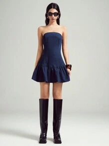 LYSMO 女式新款露肩花朵花边迷你牛仔连衣裙 - 深色水洗藍 - 查看 3