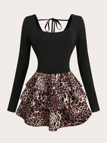 Breezaya Leopard Print Patchwork 3-Tier Flared Ruffle Short Dress, Work & Vacation Style For Women