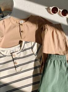 SHEIN 4pcs Baby Boys/Girls Casual Striped Short Sleeve T-Shirt And Elastic Waist Cargo Shorts Set, Suitable For Spring/Summer Wear, Casual Or Outings