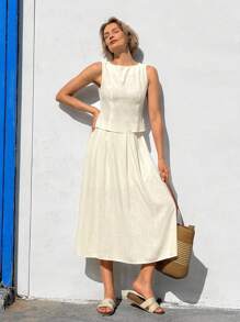 SHEIN LUNE 2pcs/Set Women's Solid Color Round Neck Sleeveless Top And Skirt - White - View 1