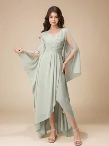 Vestido Curto e Longo Assimétrico Verde Menta Elegante para Meninas Adolescentes, Decote em V, Manga Morcego com Babados, Fenda, Faixa na Cintura, Vestido de Festa de Fada Apropriado para Aniversário de Adolescentes, Baile de Máscaras, Festa, Celebração de Feriados, Vestidos de Natal, Halloween, Ação de Graças, Vestido de Baile, Vestido Formal, Vestido de Concurso de Meninas, Vestido de Formatura, Vestido de Dama de Honra, Vestido de Gala, Vestido de Praia