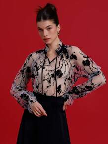 Aveloria Rosie French Style Hollow Transparent Printed Stand Collar With Tie Casual Loose Long Sleeve Blouse For Women Elegant FashionableStyle All Over Print
