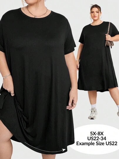 SHEIN CURVE+ Loose Fit Super Plus Size Comfortable Stretchy Long Short Sleeve Black Casual Dress, Basic Versatile Summer