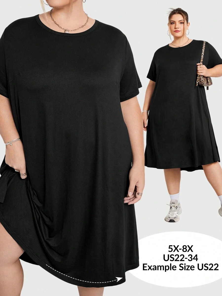 SHEIN CURVE+ Loose Fit Super Plus Size Comfortable Stretchy Long Short Sleeve Black Casual Dress, Basic Versatile Summer
