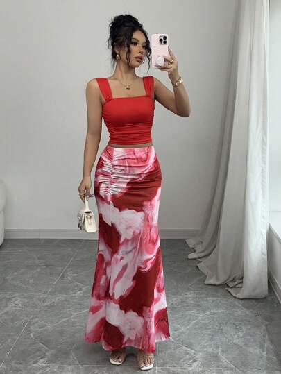 Elenzga 2 Pcs Romantic Tie-Dye Print Pleat Scoop Neck Tank Top And A-Line Skirt Set