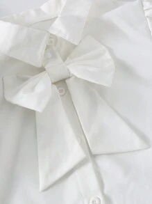 Elegant Vintage Collared Short Sleeve Solid Top With Detachable Bow Accent And High Waist Pleated Wide Leg Solid Color Pants Set For Tween Girls, Summer - Green - View 3