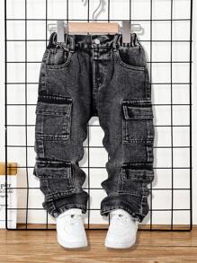 男孩幼儿宽松直筒双口袋洗水黑灰色牛仔裤，休闲百搭校园风格