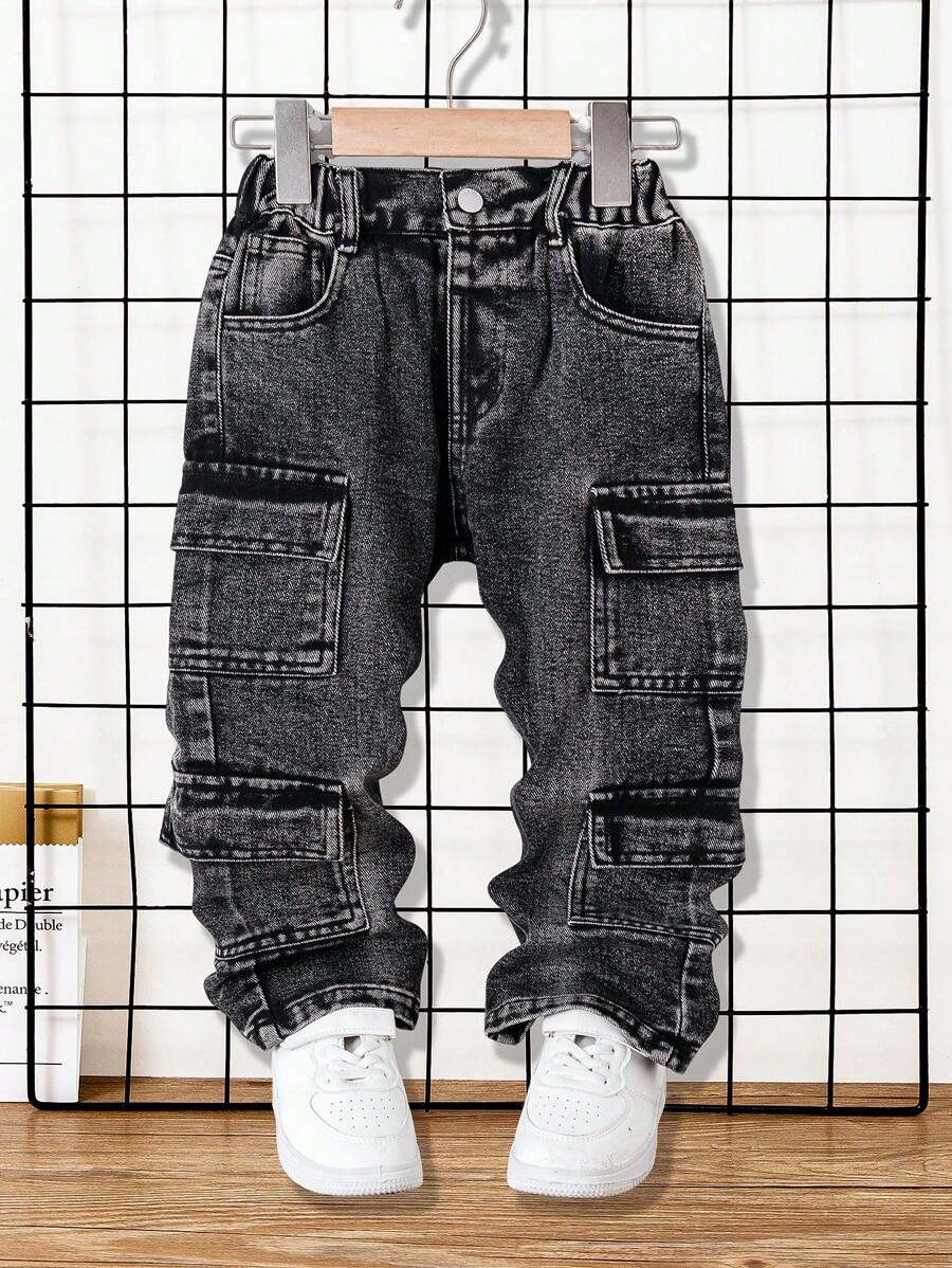男孩幼儿宽松直筒双口袋洗水黑灰色牛仔裤，休闲百搭校园风格