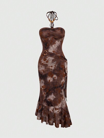 Hippie Bohemian Style Women's Asymmetrical Drawstring Neck Beaded Decorative Dress