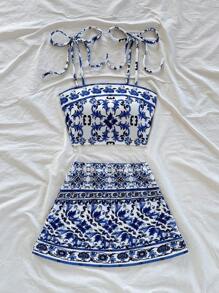 Soleia 2 件套女士蓝白印花针织纹理系带上衣和裙子，适合约会、情人节、下午茶、度假、音乐节、波西米亚风的节日/休闲装 - 藍白色 - 查看 3