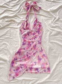 Soleia 度假浪漫蝴蝶扎染印花吊带 V 领系带褶皱女式迷你连衣裙