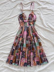 Soleia Women's Vacation Spaghetti Strap V-Neck Hollow Backless Mid-Calf Dress, Colorful Vintage Folk Pattern Patchwork Print, No Chest Padding - Multicolor - View 2