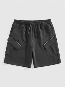 ROMWE MEN Men's Sporty Drawstring Waist Zip Pocket Casual Cargo Shorts - Black - View 1