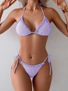 Swim Mod Women's Summer Beach Vacation Striped Nautical Style Patchwork Frill Trim Tie Side Bikini Set - Mauve Purple - View 6