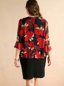 SHEIN Clasi طقم تنورة ولباس علوي شيفون مطبوعة بورود، أنيق للمقاسات الكبيرة، ربيعي/صيفي رومانسي - متعدد الألوان - مشاهدة 2