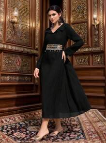Al Najma Women's Solid Color Patchwork Long Sleeve Simple Casual Long Arabian Dress