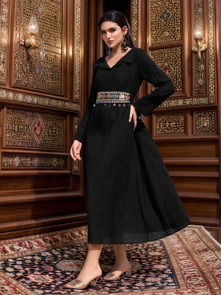 Al Najma Women's Solid Color Patchwork Long Sleeve Simple Casual Long Arabian Dress