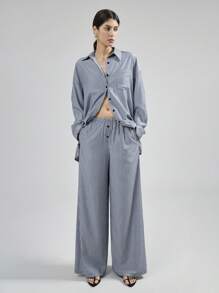 Ontre 2pcs/Set Women Blue Button Front Long Sleeve Pocket Striped Minimalist Top And Pants Set - Black and White - View 1