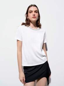 Maija Spring And Summer New Style White Metal Decorated Women's T-Shirt Tops, Urban, Modern And Elegant, Daily Casual Commuting, Suitable For Vacations, Holiday Parties, Weddings And Dates.