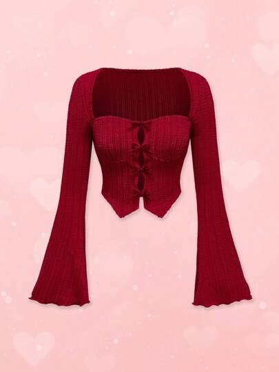 Kawaii Valentine's Day Wine Red Textured Fabric Bow Decor Hollow Out Front Open Women Blouse