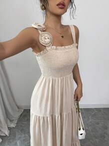 Elenzga Vestido elegante de dama con volantes en el frente, plisado y de unicolor - Albaricoque - Ver 5