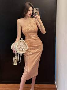 DAZY Abito midi asimmetrico con colletto, abito da donna per feste, balli e cerimonie, abito da donna elegante con paillettes, nuovo look da donna per Capodanno, abito scintillante - Rosa - Visualizzare 5
