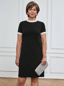 Miaspire 女士休闲串珠带领设计圆领短袖黑色迷你连衣裙，春夏日常穿着 - 黑色 - 查看 6