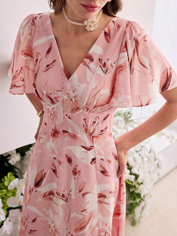 SILK FLORAL PRINT SHORT SLEEVE SLIT MIDI DRESS
