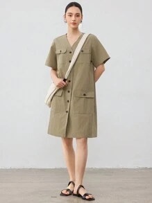 Dazy-Less Vestido de verão feminino estilo reto, estilo casual, com bolsos grandes e comprimento médio - Verde de Exercício - Ver 2