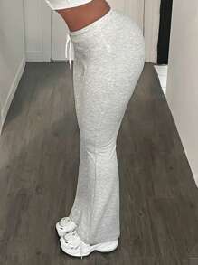 BamGleam Casual Drawstring Waist Slimming Flare Hem Sweatpants - White - View 7