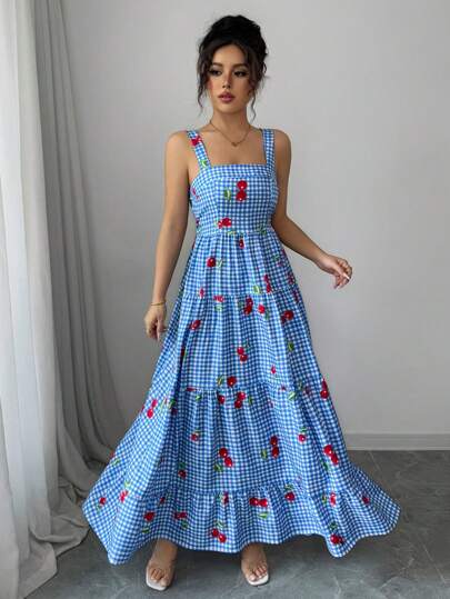 Elenzga 女士度假连衣裙蓝色格子印花樱桃花摇摆吊带连衣裙