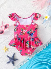 SHEIN Young Girls' Ruffle Trim One-Piece Swimsuit - Red - View 2