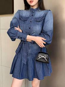 DAZY Women Short Pleated Tie-Front Long Sleeve Denim Dress