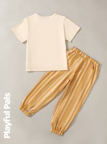 SHEIN 2 件装幼儿男童休闲可爱卡通动物印花短袖 T 恤和条纹松紧腰裤套装 - 卡其色 - 查看 2