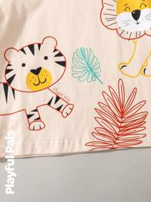 SHEIN 2 件装幼儿男童休闲可爱卡通动物印花短袖 T 恤和条纹松紧腰裤套装 - 卡其色 - 查看 7