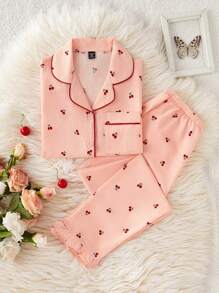 Girl's Scalloped Collar Ruffle Floral Print Pajama Set, Fashion Youth