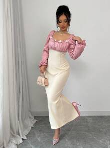 Modelyn Women's Mixed Fabric Jacquard Pink Floral Long Sleeve Bodycon Elegant Dress